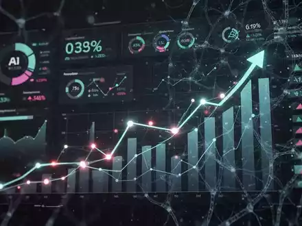 Futuristisches Finanz-Dashboard mit leuchtenden KI-Metriken, Datenpunkten und aufwärtstrendenden Graphen, die KI-ROI darstellen. Neuronale Netzwerkmuster sind dezent überlagert. - Foto: über boerse-global.de