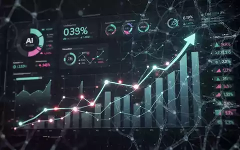 Futuristisches Finanz-Dashboard mit leuchtenden KI-Metriken, Datenpunkten und aufwärtstrendenden Graphen, die KI-ROI darstellen. Neuronale Netzwerkmuster sind dezent überlagert. - Foto: über boerse-global.de