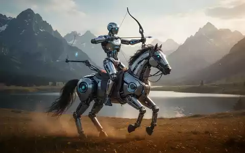 Ein humanoider Roboter auf einem mechanischen Pferd zielt mit Pfeil und Bogen in einer malerischen Berg- und Seelandschaft. - Foto: über boerse-global.de