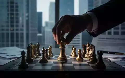 Eine Hand im Schatten platziert eine Schachfigur auf einem Brett, im Hintergrund verschwommene Bürogebäude und offizielle Dokumente. - Foto: über boerse-global.de