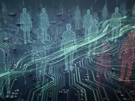 Abstraktes Bild mit digitalen Datenströmen über einer Platine und schemenhaften menschlichen Silhouetten als Symbol für den Einfluss der Technologie. - Foto: über boerse-global.de