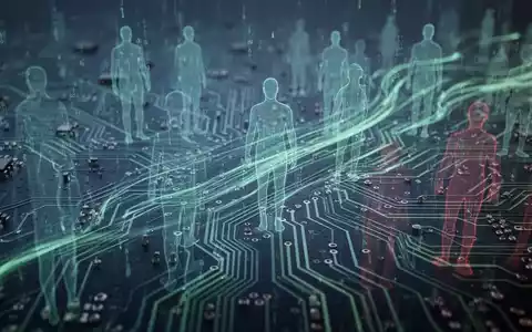 Abstraktes Bild mit digitalen Datenströmen über einer Platine und schemenhaften menschlichen Silhouetten als Symbol für den Einfluss der Technologie. - Foto: über boerse-global.de