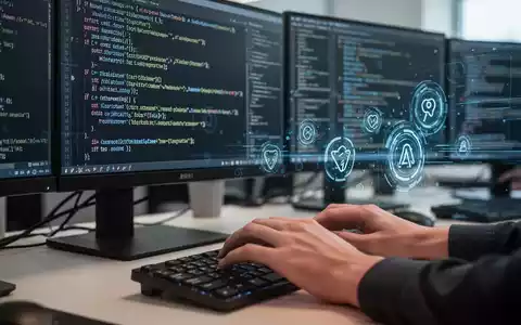 Hände eines Entwicklers tippen auf einer Tastatur, im Hintergrund Bildschirme mit C++-Code und KI-Symbolen. - Foto: über boerse-global.de