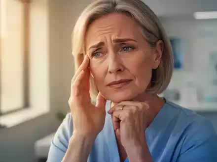 Eine nachdenkliche Frau mittleren Alters, die sich sanft die SchlĂ€fe berĂŒhrt, symbolisiert die gesundheitlichen Herausforderungen der Menopause. - Foto: ĂŒber boerse-global.de