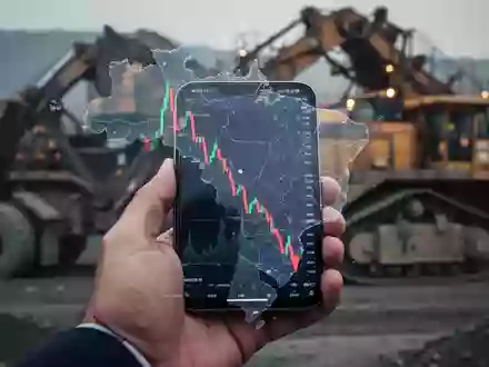 Eine Hand hält ein Smartphone mit einem fallenden Aktienkursdiagramm, im Hintergrund unscharfe Bergbauausrüstung. - Foto: über boerse-global.de