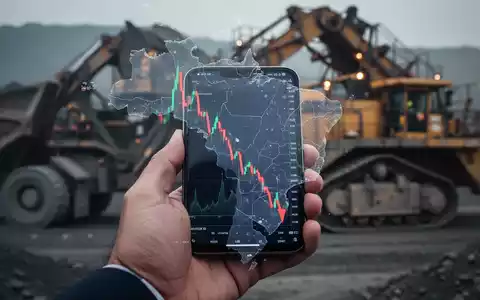 Eine Hand hält ein Smartphone mit einem fallenden Aktienkursdiagramm, im Hintergrund unscharfe Bergbauausrüstung. - Foto: über boerse-global.de