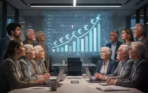 Eine Gruppe verschiedener Altersgruppen blickt auf eine digitale Finanzprognose, die steigende Renten und Kapitalanlagen in Deutschland zeigt. - Foto: über boerse-global.de