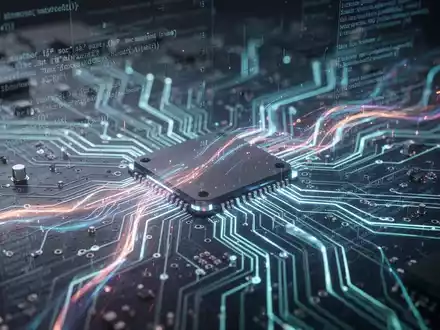 Nahaufnahme einer leuchtenden, futuristischen Platine mit abstrakten Datenströmen, die KI-Compliance symbolisieren. - Foto: über boerse-global.de
