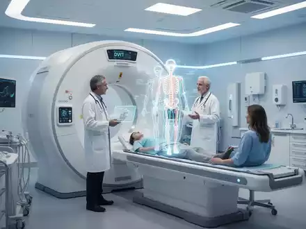 Ein Arzt und eine Patientin betrachten eine 3D-Hologramm-Darstellung eines Skeletts in einer modernen orthopädischen Klinik. - Foto: über boerse-global.de