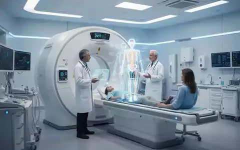 Ein Arzt und eine Patientin betrachten eine 3D-Hologramm-Darstellung eines Skeletts in einer modernen orthopädischen Klinik. - Foto: über boerse-global.de