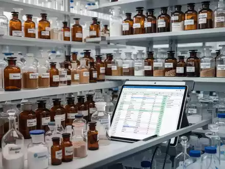 Ein ordentliches Chemielabor mit Regalen voller beschrifteter Flaschen und einem Tablet, das eine Chemikalienliste anzeigt. - Foto: über boerse-global.de