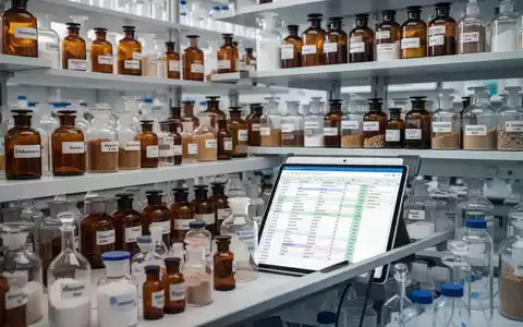 Ein ordentliches Chemielabor mit Regalen voller beschrifteter Flaschen und einem Tablet, das eine Chemikalienliste anzeigt. - Foto: über boerse-global.de