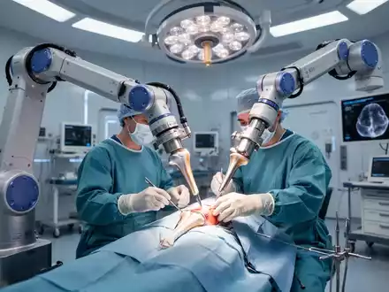Ein Roboterarm assistiert einem Chirurgen während einer Gelenkersatzoperation in einem hochmodernen Operationssaal, der Präzision und Technologie darstellt. - Foto: über boerse-global.de