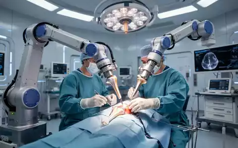 Ein Roboterarm assistiert einem Chirurgen während einer Gelenkersatzoperation in einem hochmodernen Operationssaal, der Präzision und Technologie darstellt. - Foto: über boerse-global.de