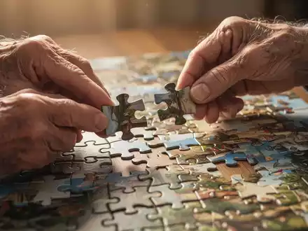 Ältere Hände, die ein komplexes Puzzle zusammensetzen, symbolisieren kognitive Stimulation und Gehirngesundheit. - Foto: über boerse-global.de