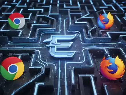 Digitales Labyrinth mit einem blauen 'E'-Symbol in der Mitte, umgeben von verdeckten Symbolen anderer Webbrowser. - Foto: über boerse-global.de