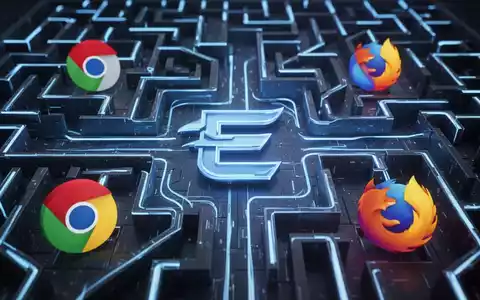 Digitales Labyrinth mit einem blauen 'E'-Symbol in der Mitte, umgeben von verdeckten Symbolen anderer Webbrowser. - Foto: über boerse-global.de