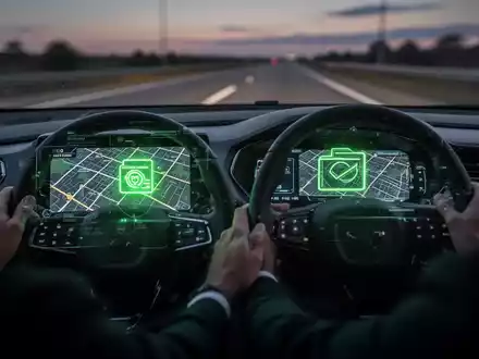 Ein modernes Auto-Cockpit mit einem digitalen Display, das eine Navigationskarte und ein grünes Symbol für ein elektronisches Fahrtenbuch anzeigt. - Foto: über boerse-global.de
