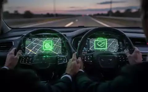 Ein modernes Auto-Cockpit mit einem digitalen Display, das eine Navigationskarte und ein grünes Symbol für ein elektronisches Fahrtenbuch anzeigt. - Foto: über boerse-global.de