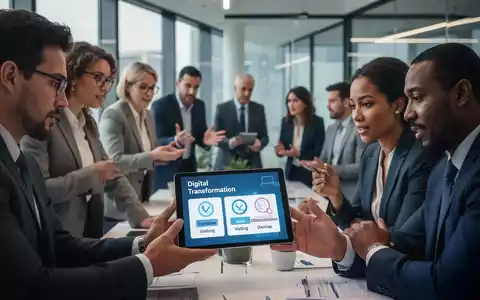 Eine Gruppe von Geschäftsleuten diskutiert in einem modernen Büro, einige betrachten ein Tablet mit digitalen Wahloptionen. - Foto: über boerse-global.de