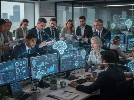 Fachleute in einem modernen Büro bei der Zusammenarbeit, mit Bildschirmen, die KI-Oberflächen und Daten zeigen, symbolisiert die Integration von KI mit traditionellen Bürokompetenzen. - Foto: über boerse-global.de