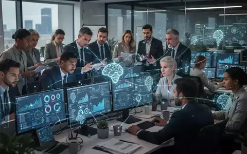 Fachleute in einem modernen Büro bei der Zusammenarbeit, mit Bildschirmen, die KI-Oberflächen und Daten zeigen, symbolisiert die Integration von KI mit traditionellen Bürokompetenzen. - Foto: über boerse-global.de