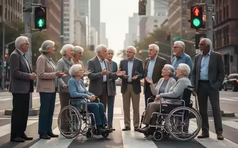Eine vielfältige Gruppe von Senioren und Menschen mit Behinderungen, darunter jemand im Rollstuhl, diskutiert an einem Fußgängerüberweg. - Foto: über boerse-global.de
