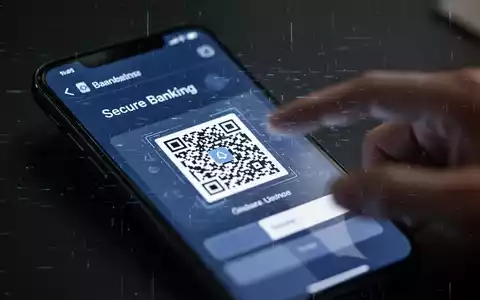 Nahaufnahme eines Smartphones mit einer Banking-App, auf dem ein QR-Code und ein glänzender digitaler Glitch zu sehen sind, der Online-Banking-Betrug darstellt. - Foto: über boerse-global.de