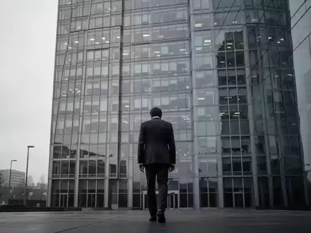 Eine einzelne Person in einem Anzug geht von einem modernen Bürogebäude weg, unter einem bewölkten Himmel. - Foto: über boerse-global.de