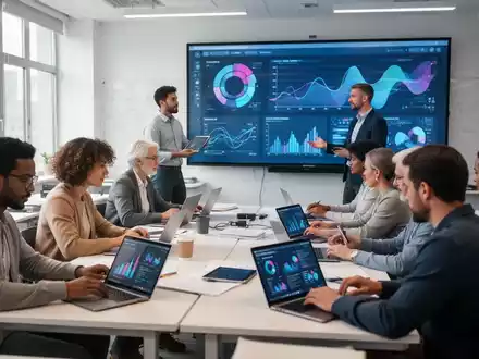 Eine Gruppe Erwachsener in einem modernen Klassenzimmer, die an Laptops und Tablets arbeitet, mit einem Dozenten vor einer großen Leinwand. - Foto: über boerse-global.de