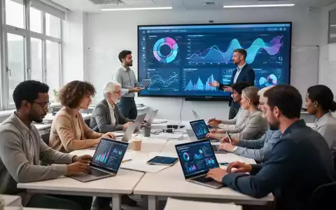 Eine Gruppe Erwachsener in einem modernen Klassenzimmer, die an Laptops und Tablets arbeitet, mit einem Dozenten vor einer großen Leinwand. - Foto: über boerse-global.de