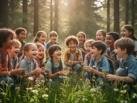 Kinder spielen und lernen in einem sonnigen Wald, umgeben von Bäumen und Pflanzen, was ihre Resilienz fördert. - Foto: über boerse-global.de
