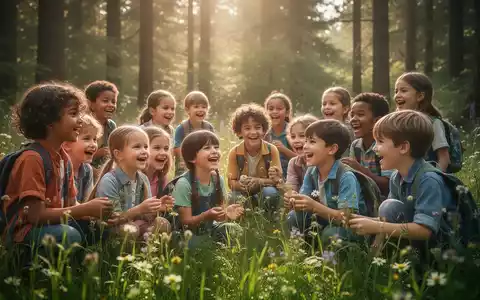 Kinder spielen und lernen in einem sonnigen Wald, umgeben von Bäumen und Pflanzen, was ihre Resilienz fördert. - Foto: über boerse-global.de