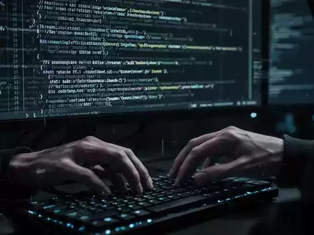 Nahaufnahme von Händen, die auf einer Tastatur tippen, mit Codezeilen auf einem Bildschirm, die versteckte schädliche Fragmente zeigen – Symbol für Steganografie. - Foto: über boerse-global.de