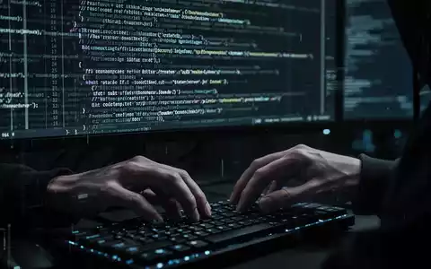Nahaufnahme von HĂ€nden, die auf einer Tastatur tippen, mit Codezeilen auf einem Bildschirm, die versteckte schĂ€dliche Fragmente zeigen â Symbol fĂŒr Steganografie. - Foto: ĂŒber boerse-global.de