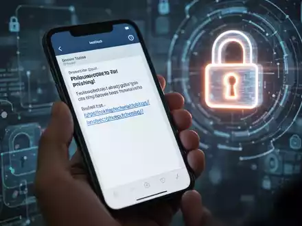 Nahaufnahme einer Hand, die ein Smartphone mit einer Phishing-E-Mail hält, im Hintergrund unscharfe digitale Sicherheitssymbole. - Foto: über boerse-global.de