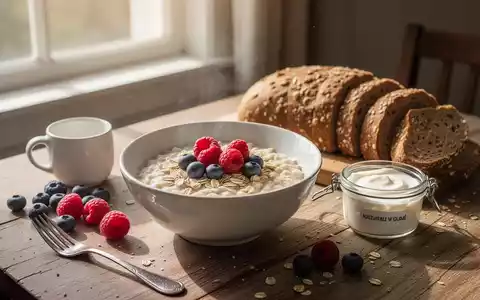 Ein Tisch mit einer Schüssel Haferflocken, Beeren, Vollkornbrot und Joghurt, beleuchtet von Sonnenlicht. - Foto: über boerse-global.de