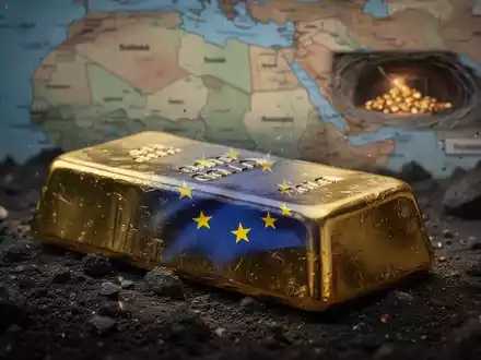 Ein Goldbarren mit einer subtilen Reflexion der EU-Flagge auf einem dunklen, strukturierten Hintergrund, der Konflikt andeutet. - Foto: über boerse-global.de