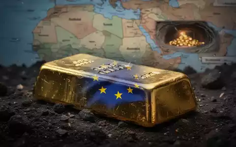 Ein Goldbarren mit einer subtilen Reflexion der EU-Flagge auf einem dunklen, strukturierten Hintergrund, der Konflikt andeutet. - Foto: über boerse-global.de