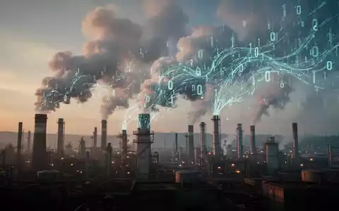 Industrielandschaft mit stilisierten Rauchfahnen, die sich in digitale Datenströme verwandeln, um CO2-Emissionen und Wirtschaftspolitik darzustellen. - Foto: über boerse-global.de