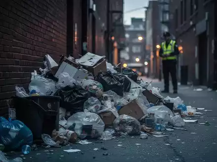 Ein dunkler Stadtgasse mit illegal abgelagertem Müllhaufen vor einer Ziegelwand. Eine unscharfe Figur im Hintergrund. - Foto: über boerse-global.de