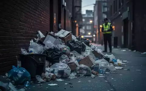Ein dunkler Stadtgasse mit illegal abgelagertem Müllhaufen vor einer Ziegelwand. Eine unscharfe Figur im Hintergrund. - Foto: über boerse-global.de