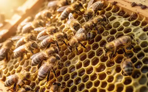 Nahaufnahme von Honigbienen, die auf den Waben eines Bienenstocks arbeiten, mit sichtbaren Details der Wabenstruktur. - Foto: über boerse-global.de