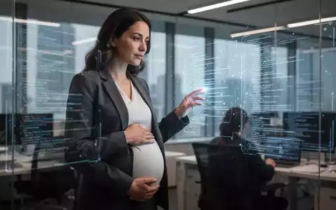 Eine schwangere Frau arbeitet an einem Computer, der Rechtsdokumente und Code anzeigt, symbolisch für Mutterschutz und KI im Arbeitsrecht. - Foto: über boerse-global.de