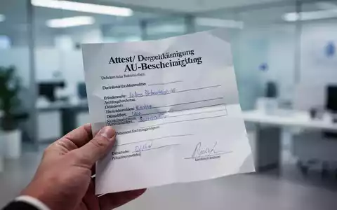 Eine Hand hält eine leicht zerknitterte, offizielle Krankmeldung (AU-Bescheinigung) vor einem unscharfen Büro- oder Klinik-Hintergrund. - Foto: über boerse-global.de