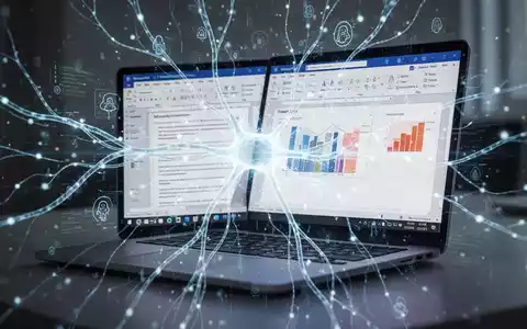 Ein Laptop-Bildschirm mit Microsoft Word und PowerPoint, umgeben von einem leuchtenden neuronalen Netzwerk und digitalen Datenströmen, die KI-Integration symbolisieren. - Foto: über boerse-global.de