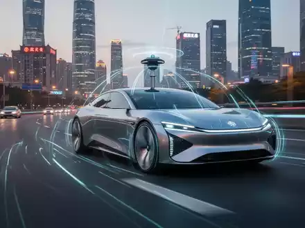 Ein futuristisches Elektroauto mit beleuchteten Sensoren fährt auf einer mehrspurigen Autobahn in einer modernen chinesischen Stadt in der Dämmerung. - Foto: über boerse-global.de