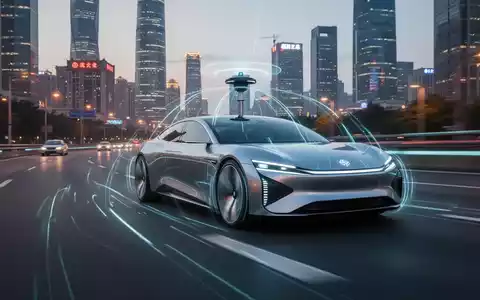 Ein futuristisches Elektroauto mit beleuchteten Sensoren fährt auf einer mehrspurigen Autobahn in einer modernen chinesischen Stadt in der Dämmerung. - Foto: über boerse-global.de