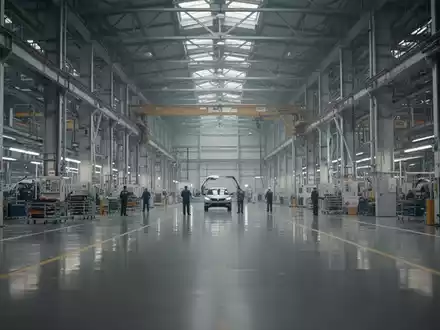 Eine leicht verschwommene Aufnahme einer großen, modernen Autofabrik mit einigen Arbeitern im Hintergrund, die Unsicherheit und Ausmaß vermittelt. - Foto: über boerse-global.de