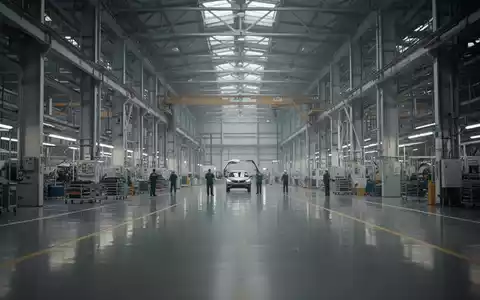 Eine leicht verschwommene Aufnahme einer großen, modernen Autofabrik mit einigen Arbeitern im Hintergrund, die Unsicherheit und Ausmaß vermittelt. - Foto: über boerse-global.de